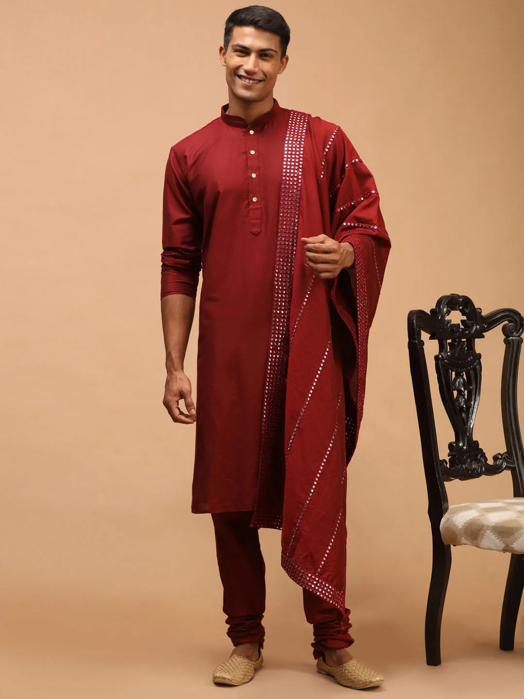 Men's Maroon Viscose Kurta, Pyjama & Dupatta Set - Shrestha By Vastramay