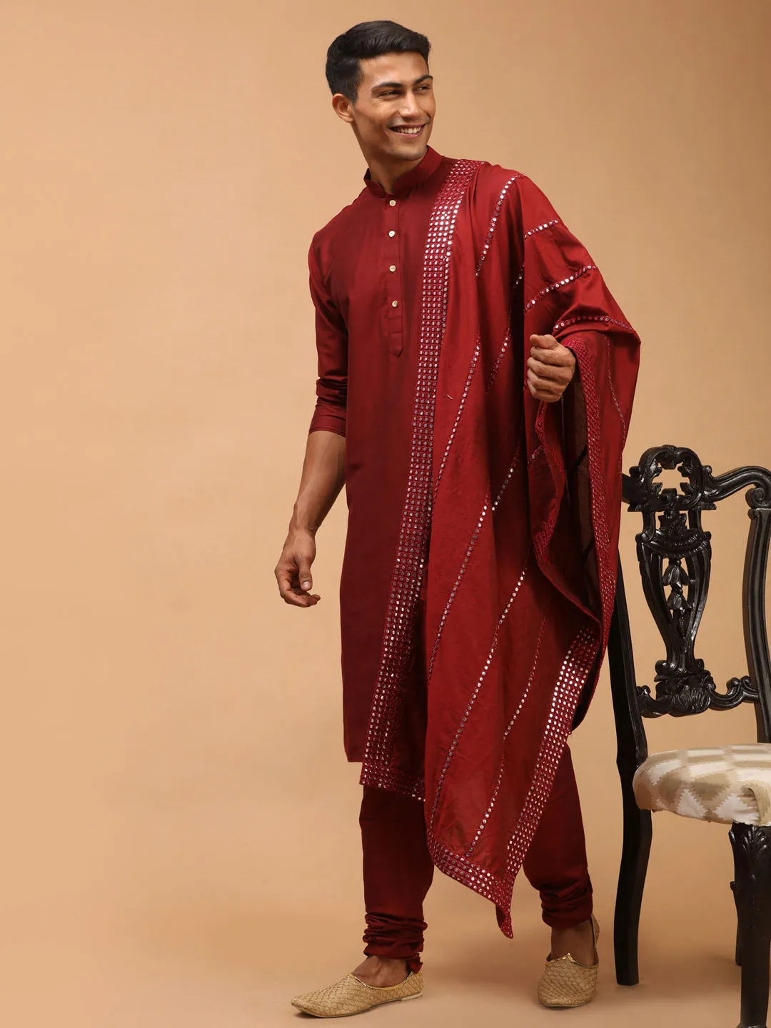 Men's Maroon Viscose Kurta, Pyjama & Dupatta Set - Shrestha By Vastramay