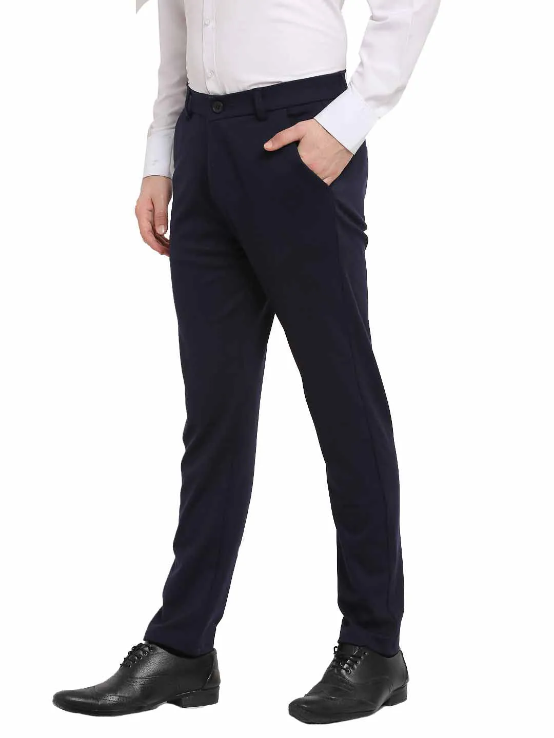 Men's Navy Blue 4-Way Lycra Tapered Fit Trousers ( FGP 269Navy ) - Jainish