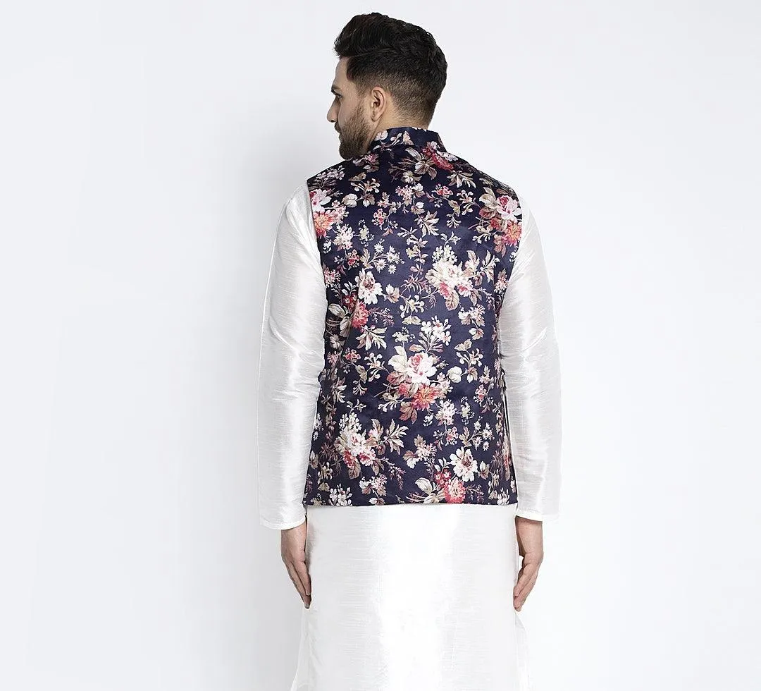 Men's Navy Blue & Multi Printed Nehru Jacket - Benstoke