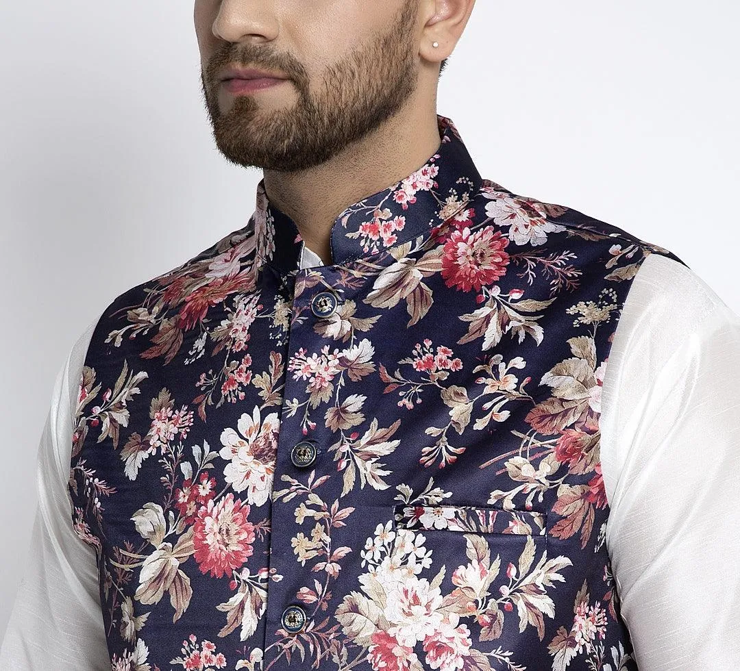 Men's Navy Blue & Multi Printed Nehru Jacket - Benstoke