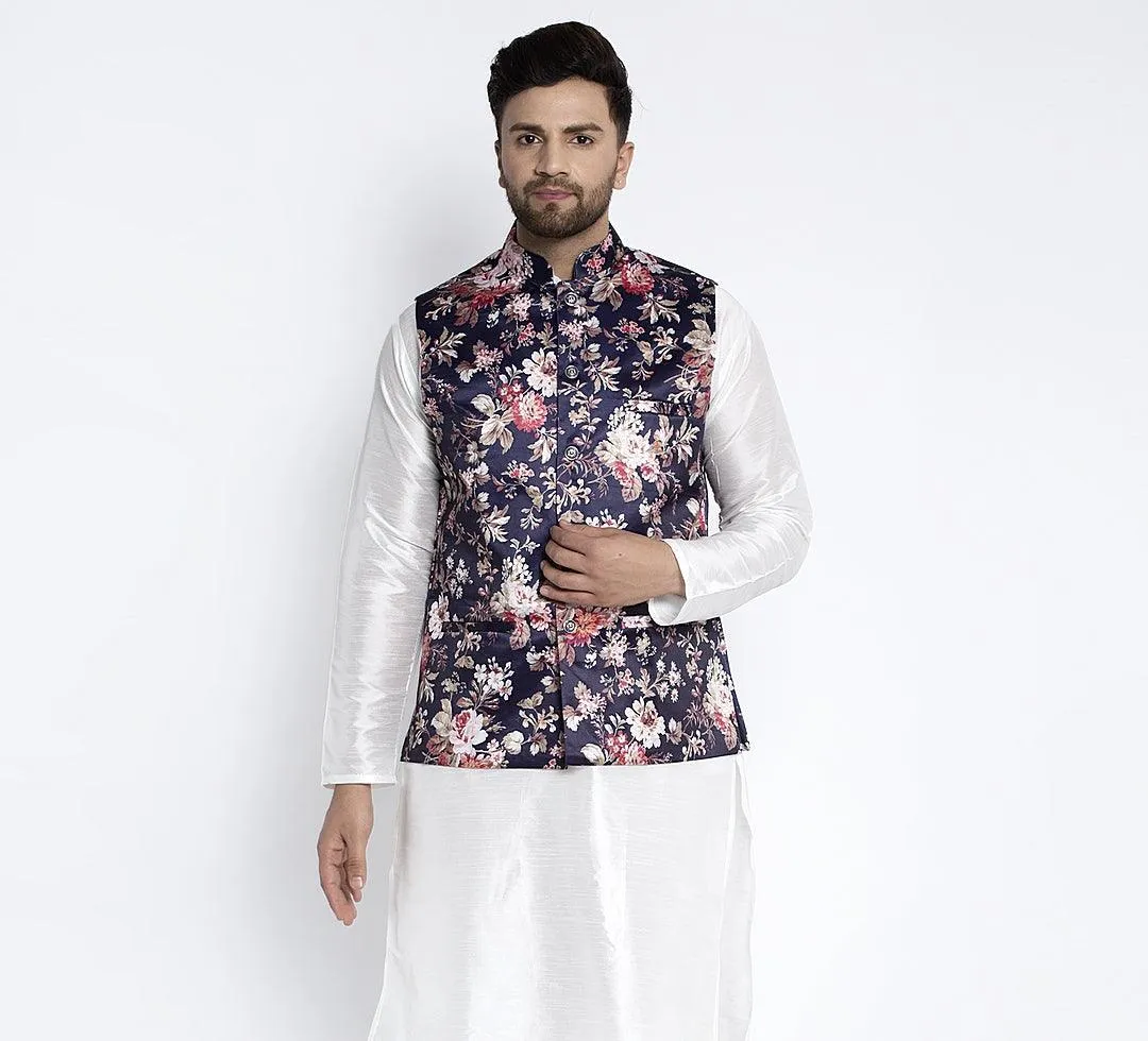 Men's Navy Blue & Multi Printed Nehru Jacket - Benstoke