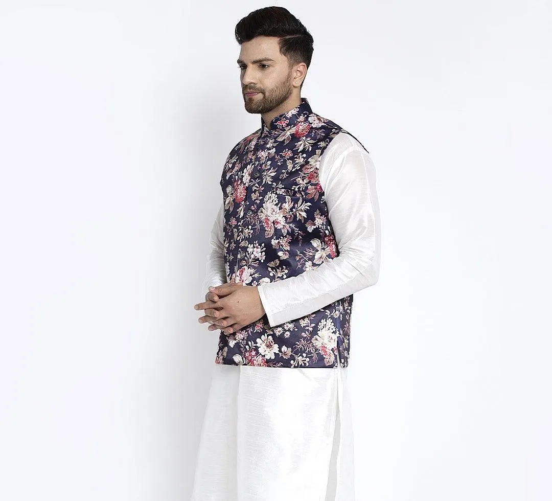 Men's Navy Blue & Multi Printed Nehru Jacket - Benstoke