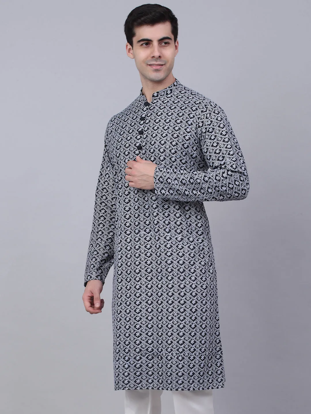 Men's Navy Blue & White Embroidered Straight Kurtas ( Ko 626 Navy ) - Virat Fashions