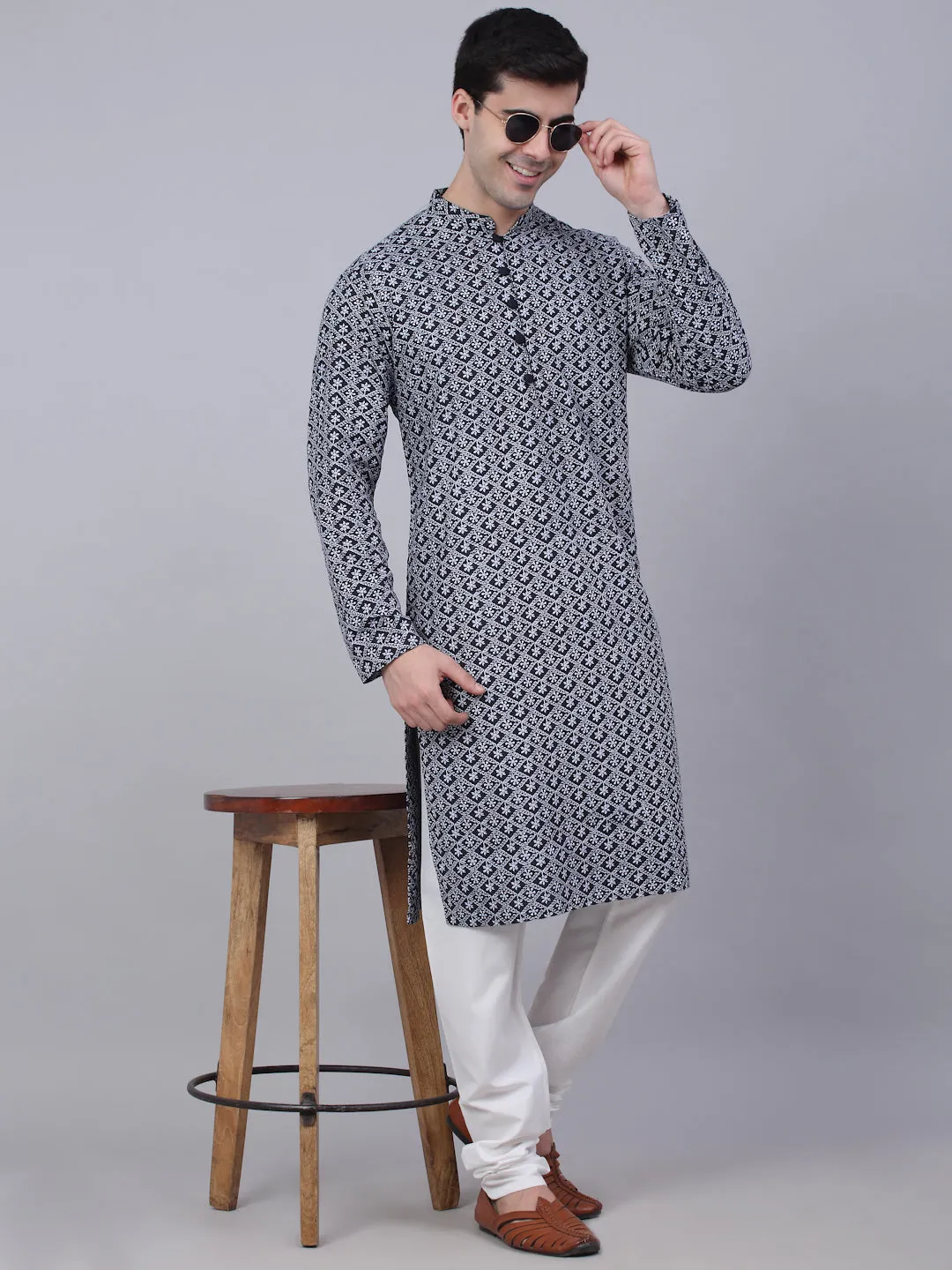 Men's Navy Blue & White Embroidered Straight Kurtas ( Ko 626 Navy ) - Virat Fashions