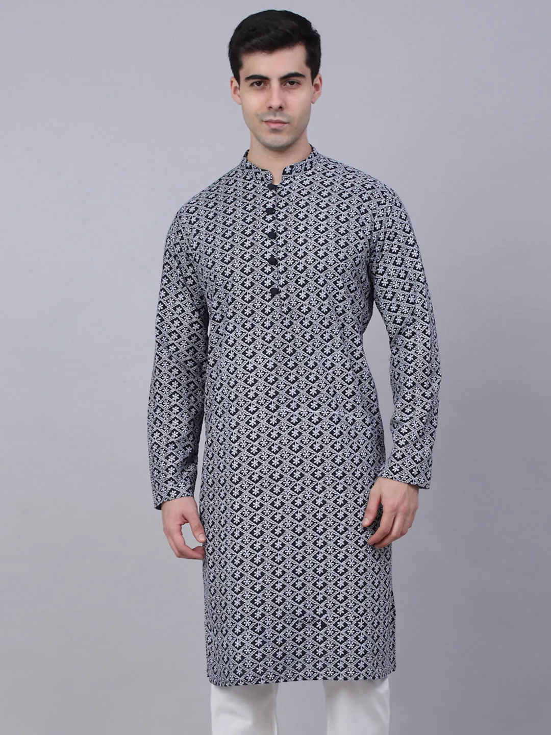 Men's Navy Blue & White Embroidered Straight Kurtas ( Ko 626 Navy ) - Virat Fashions