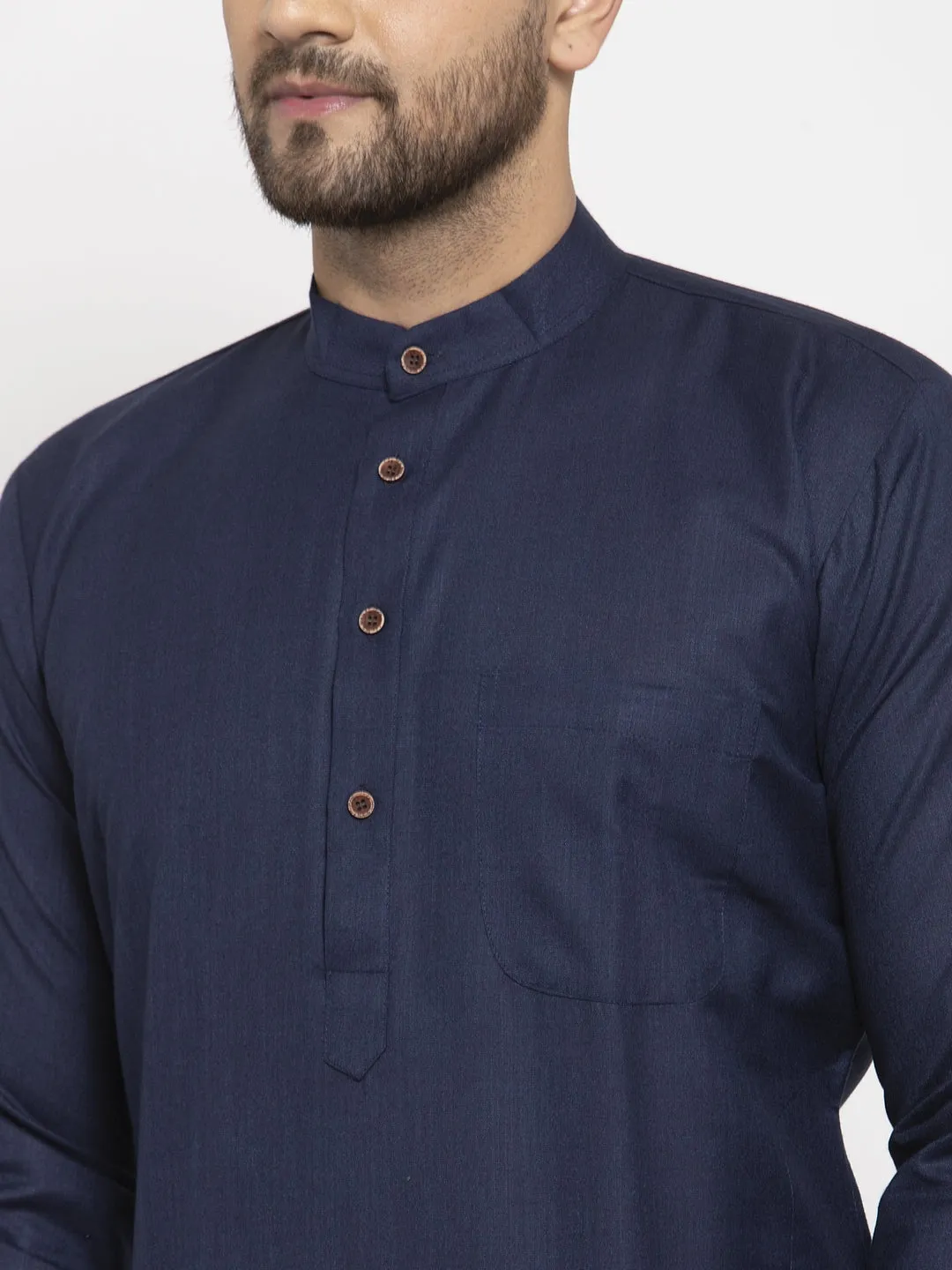 Men's Navy-Blue & White Solid Kurta Only ( Ko 532 Navy-Blue ) - Virat Fashions