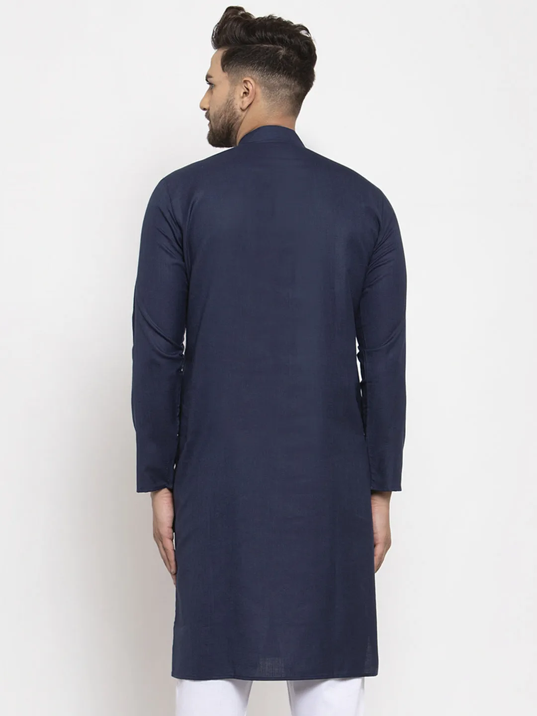 Men's Navy-Blue & White Solid Kurta Only ( Ko 532 Navy-Blue ) - Virat Fashions