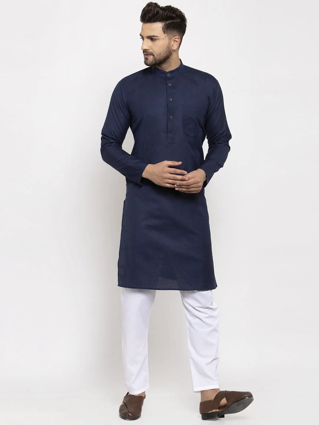 Men's Navy-Blue & White Solid Kurta Only ( Ko 532 Navy-Blue ) - Virat Fashions