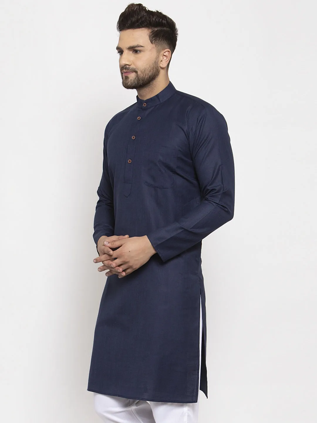 Men's Navy-Blue & White Solid Kurta Only ( Ko 532 Navy-Blue ) - Virat Fashions