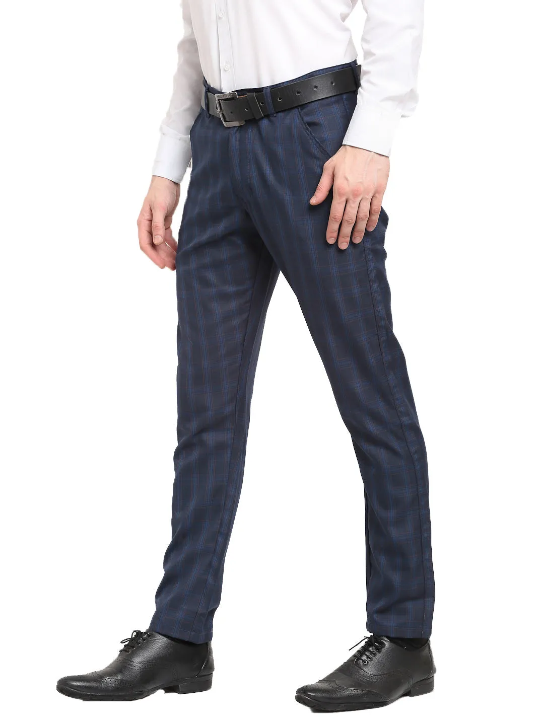 Men's Navy Blue Cotton Checked Formal Trousers ( FGP 267Navy ) - Jainish