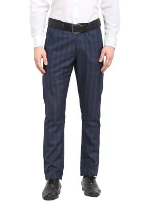 Men's Navy Blue Cotton Checked Formal Trousers ( FGP 267Navy ) - Jainish