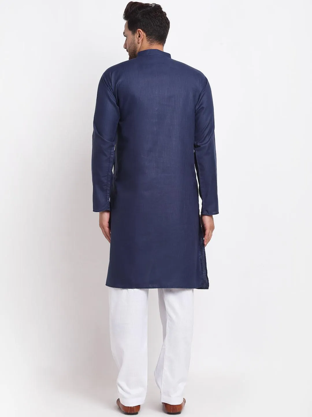 Men's Navy Blue Solid Kurta With White Salwar - Benstoke