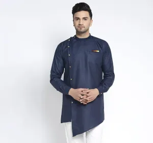 Men's Navy Blue Solid Short Kurta - Benstoke