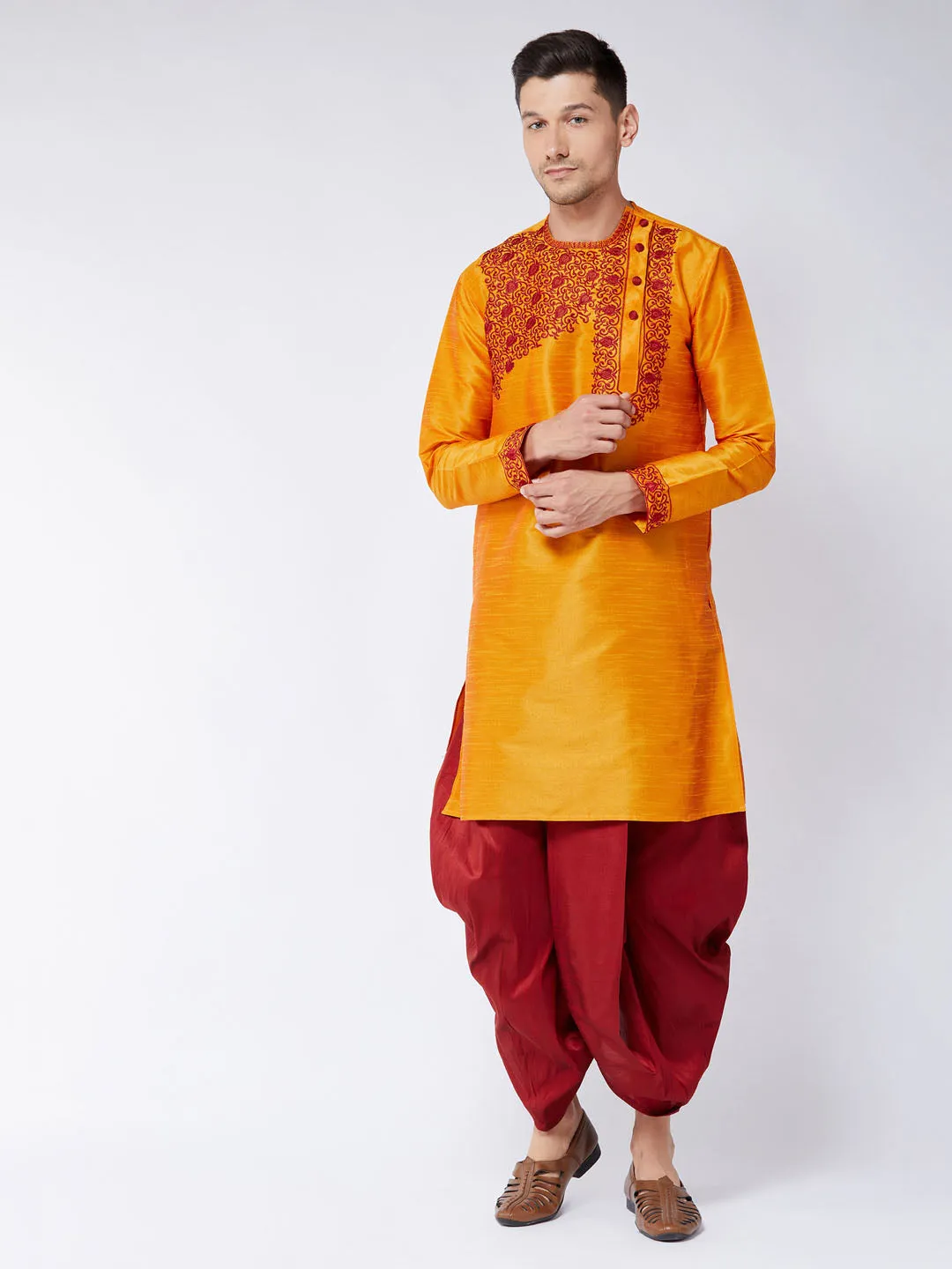 Men's Orange And Maroon Silk Blend Kurta And Dhoti Set - Vastramay