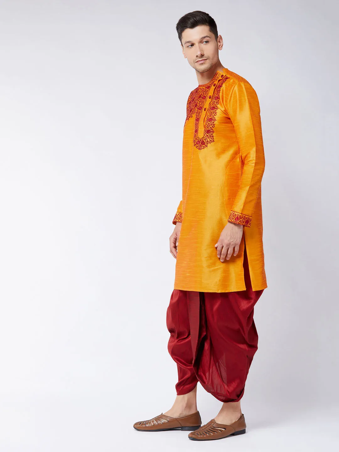 Men's Orange And Maroon Silk Blend Kurta And Dhoti Set - Vastramay