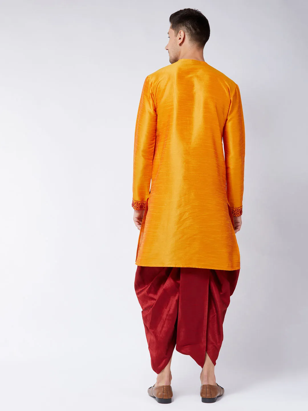 Men's Orange And Maroon Silk Blend Kurta And Dhoti Set - Vastramay