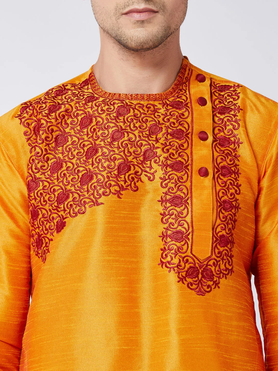 Men's Orange And Maroon Silk Blend Kurta And Dhoti Set - Vastramay