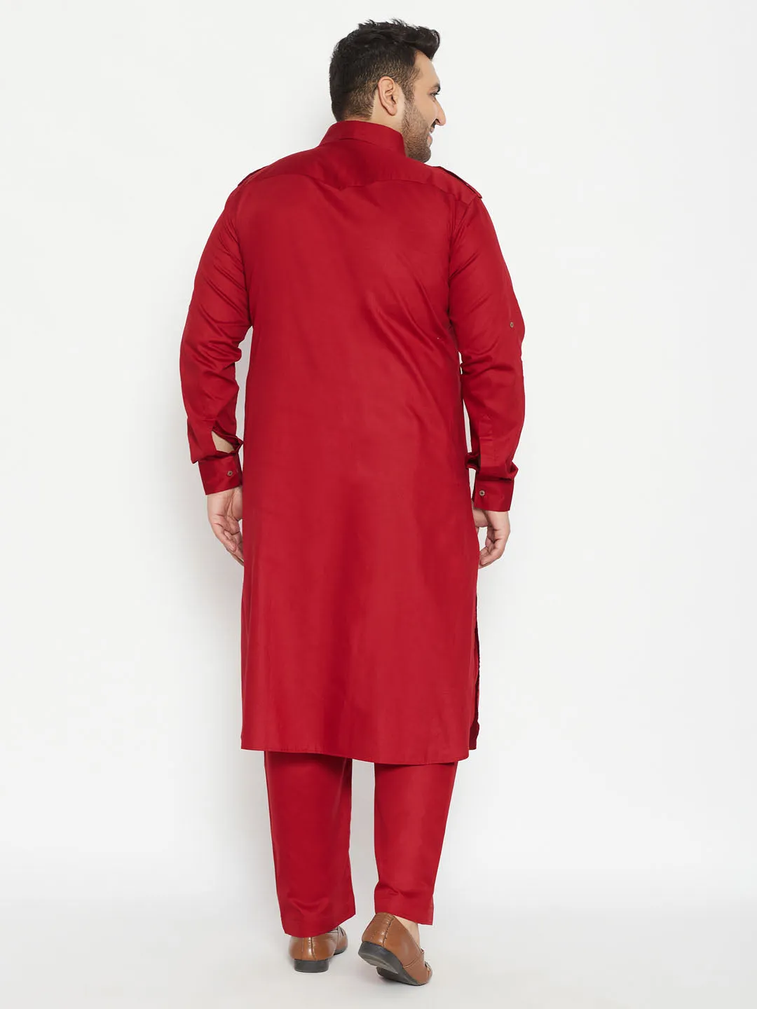 Men's Plus Maroon Cotton Blend Pathani Set - Vastramay