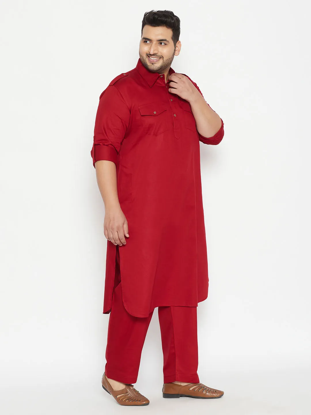 Men's Plus Maroon Cotton Blend Pathani Set - Vastramay