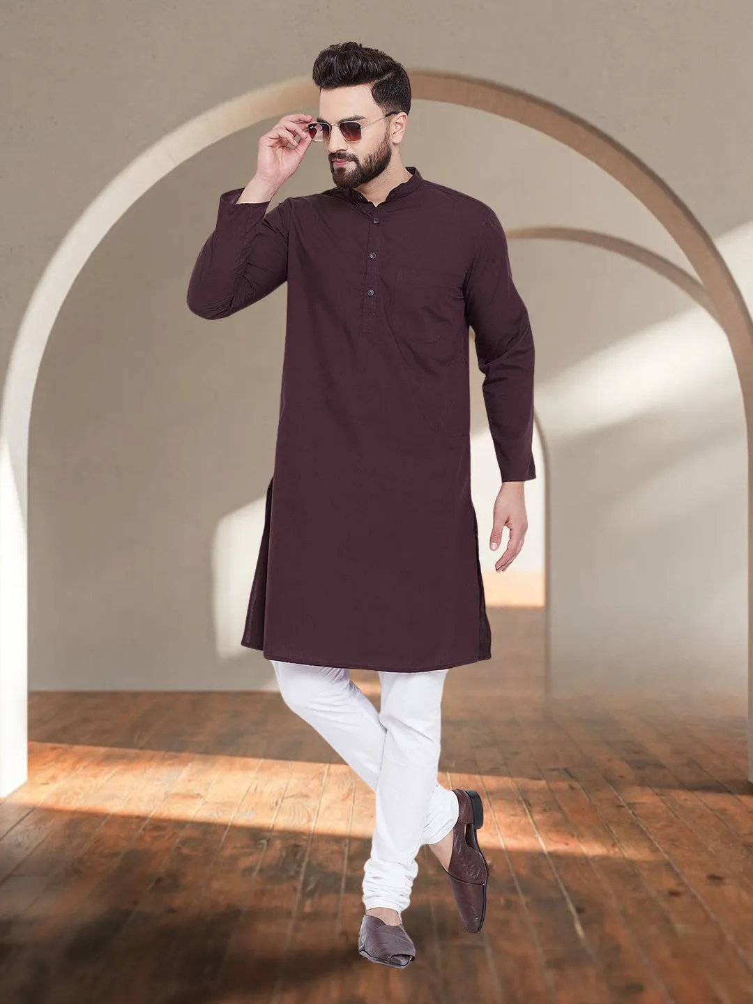 Men's Pure Cotton  Maroon Kurta - Even Apparels