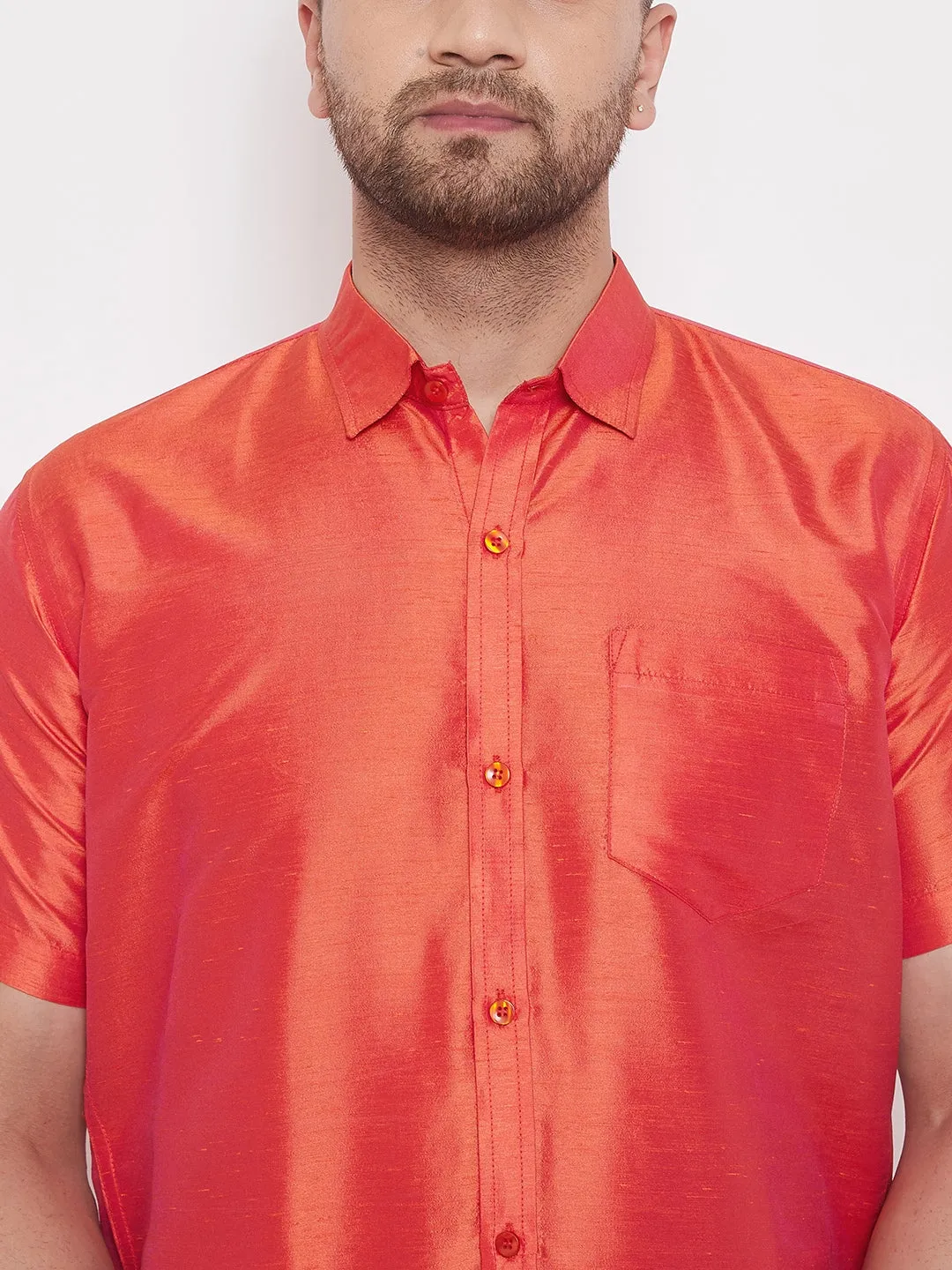 Men's Red Silk Blend Ethnic Shirt - Vastramay