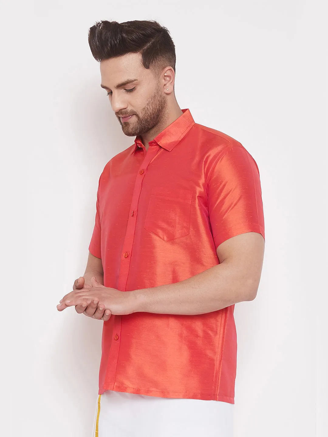 Men's Red Silk Blend Ethnic Shirt - Vastramay