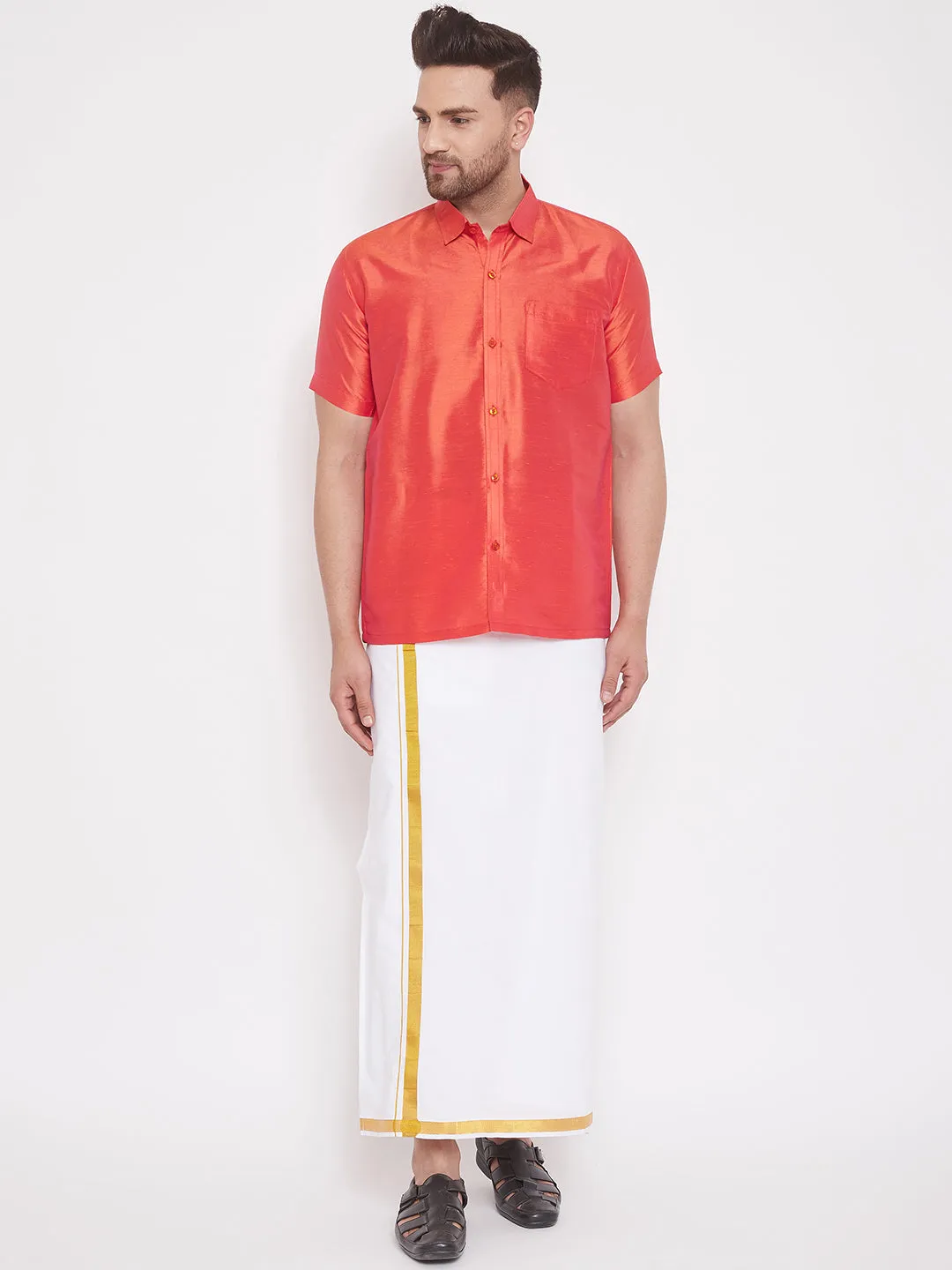 Men's Red Silk Blend Ethnic Shirt - Vastramay