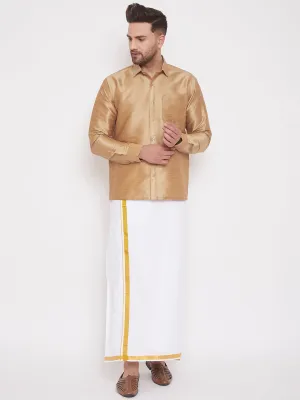 Men's Rose Gold And White Silk Blend Shirt And Mundu - Vastramay