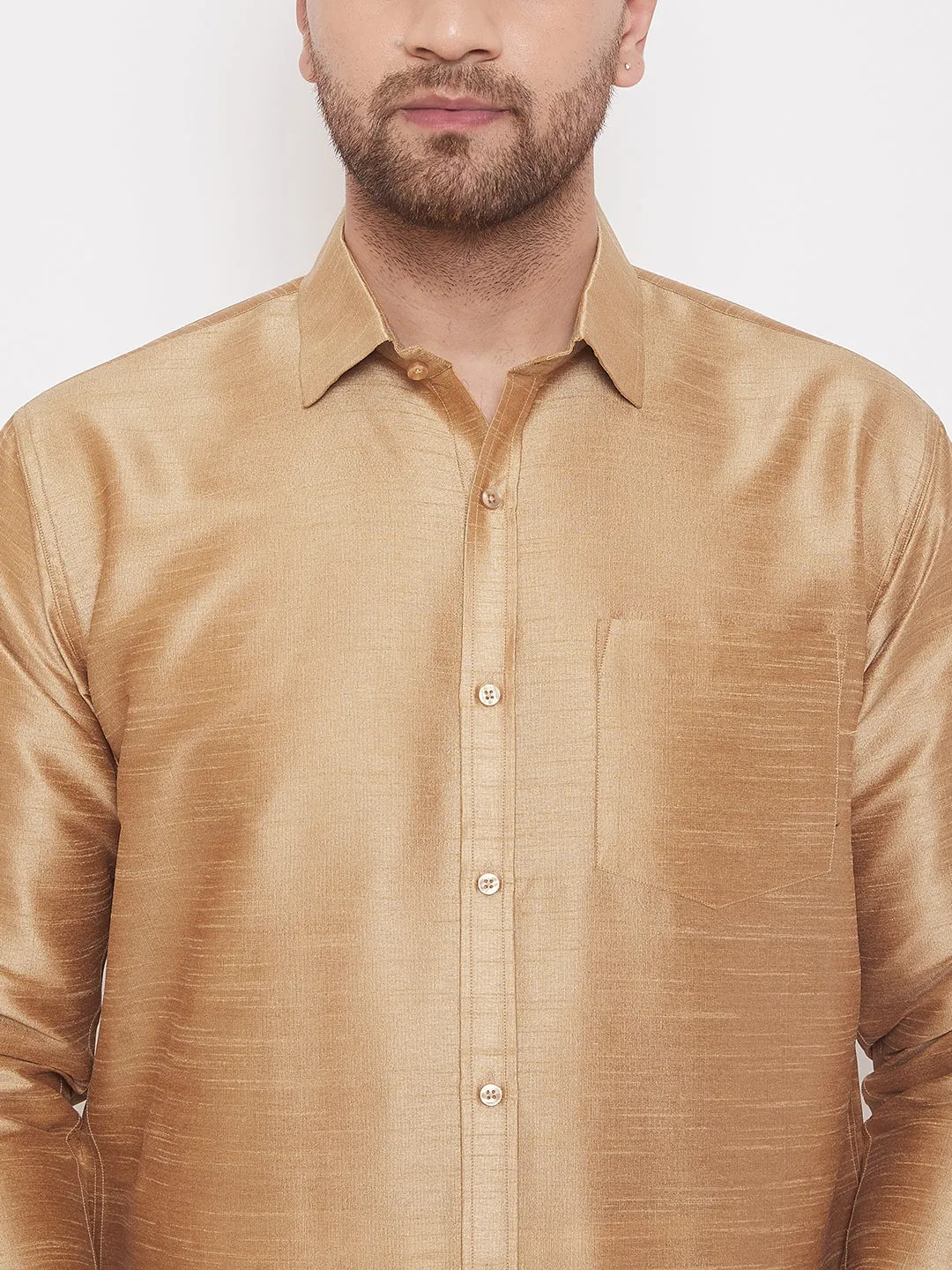 Men's Rose Gold And White Silk Blend Shirt And Mundu - Vastramay