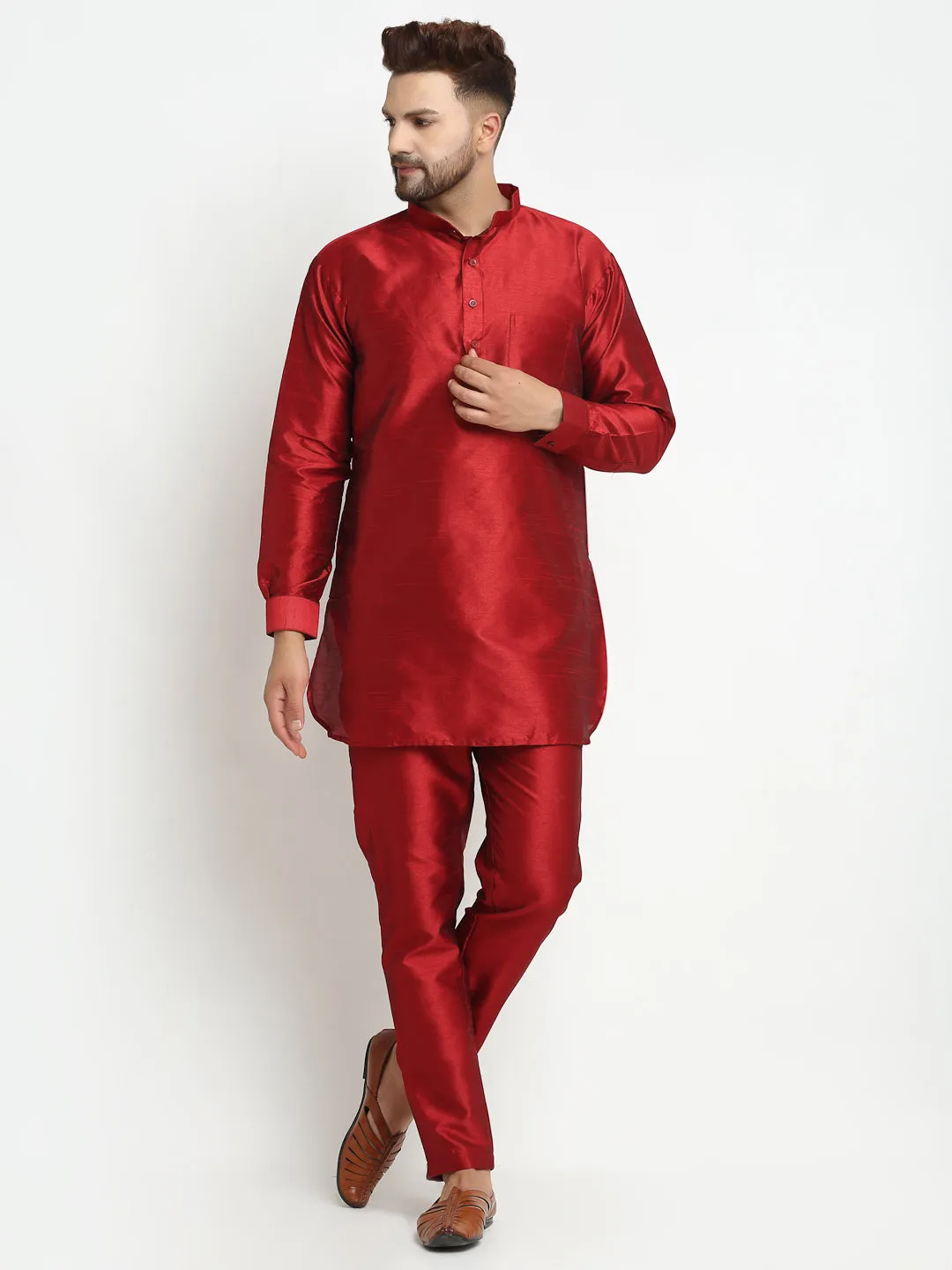 Men's Silk Blend Maroon Kurta With Pyjama & Cream Printed Nehru Jacket - Benstoke