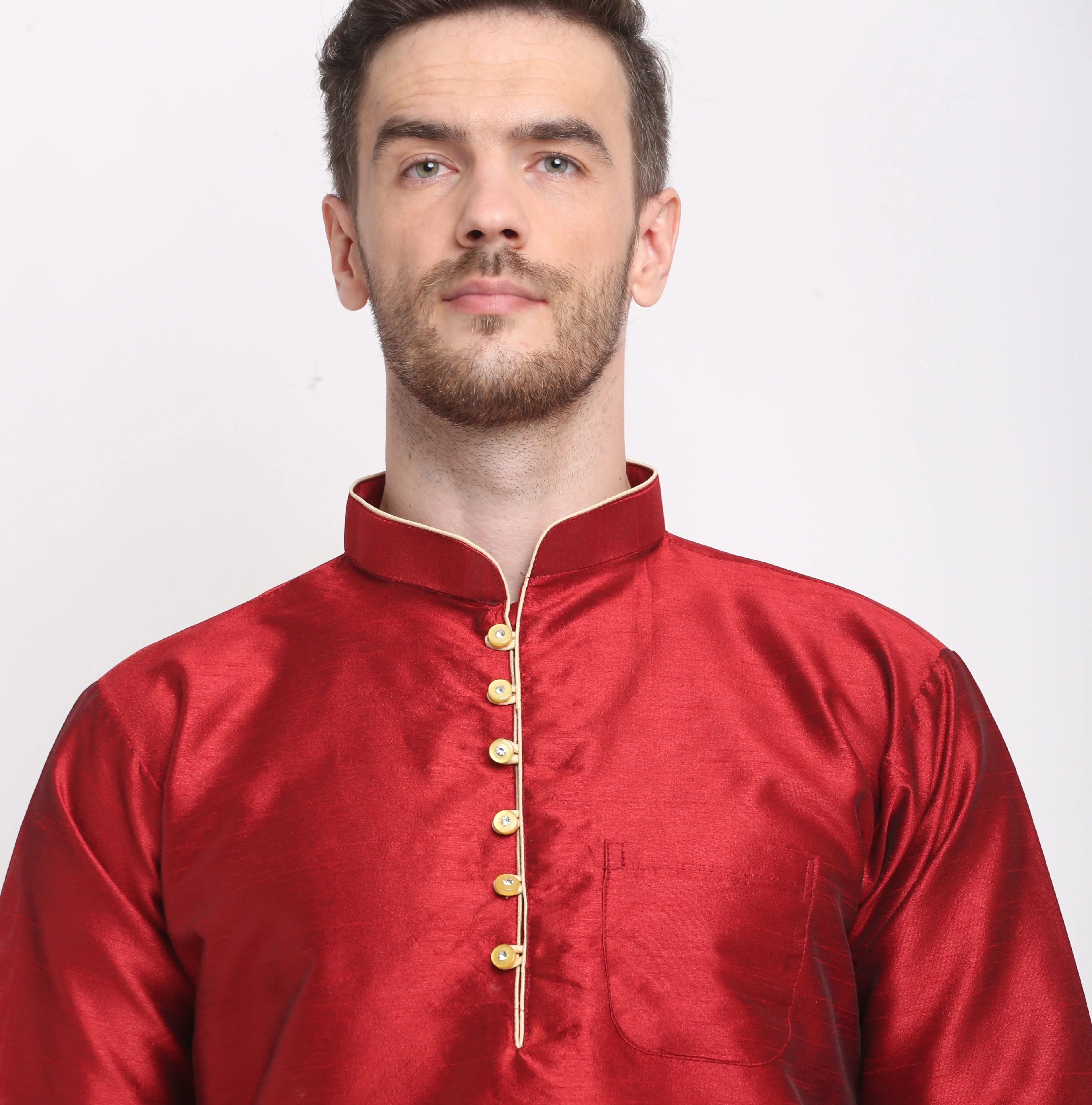 Men's Silk Blend Maroon Short Kurta - Benstoke