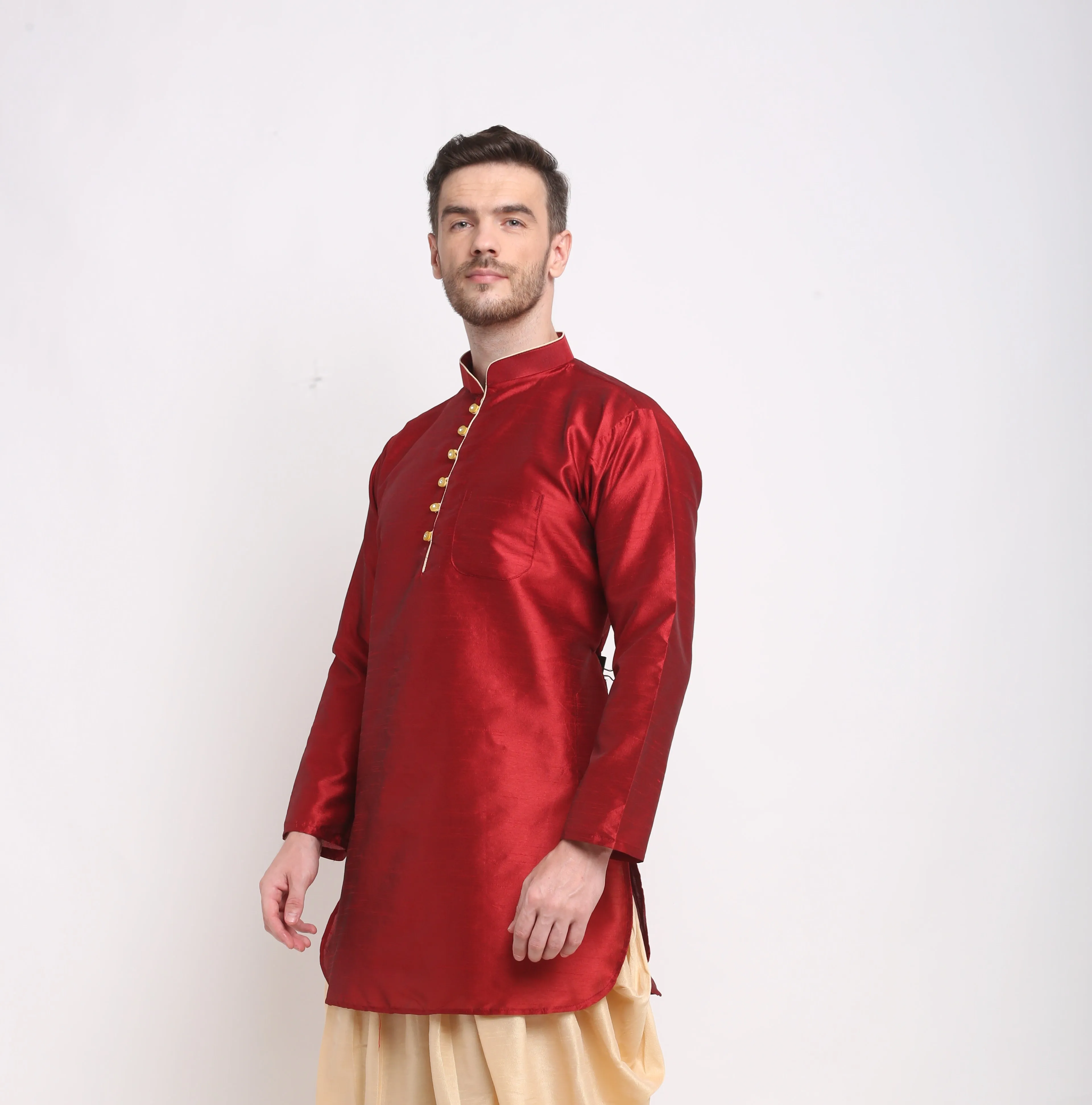 Men's Silk Blend Maroon Short Kurta - Benstoke