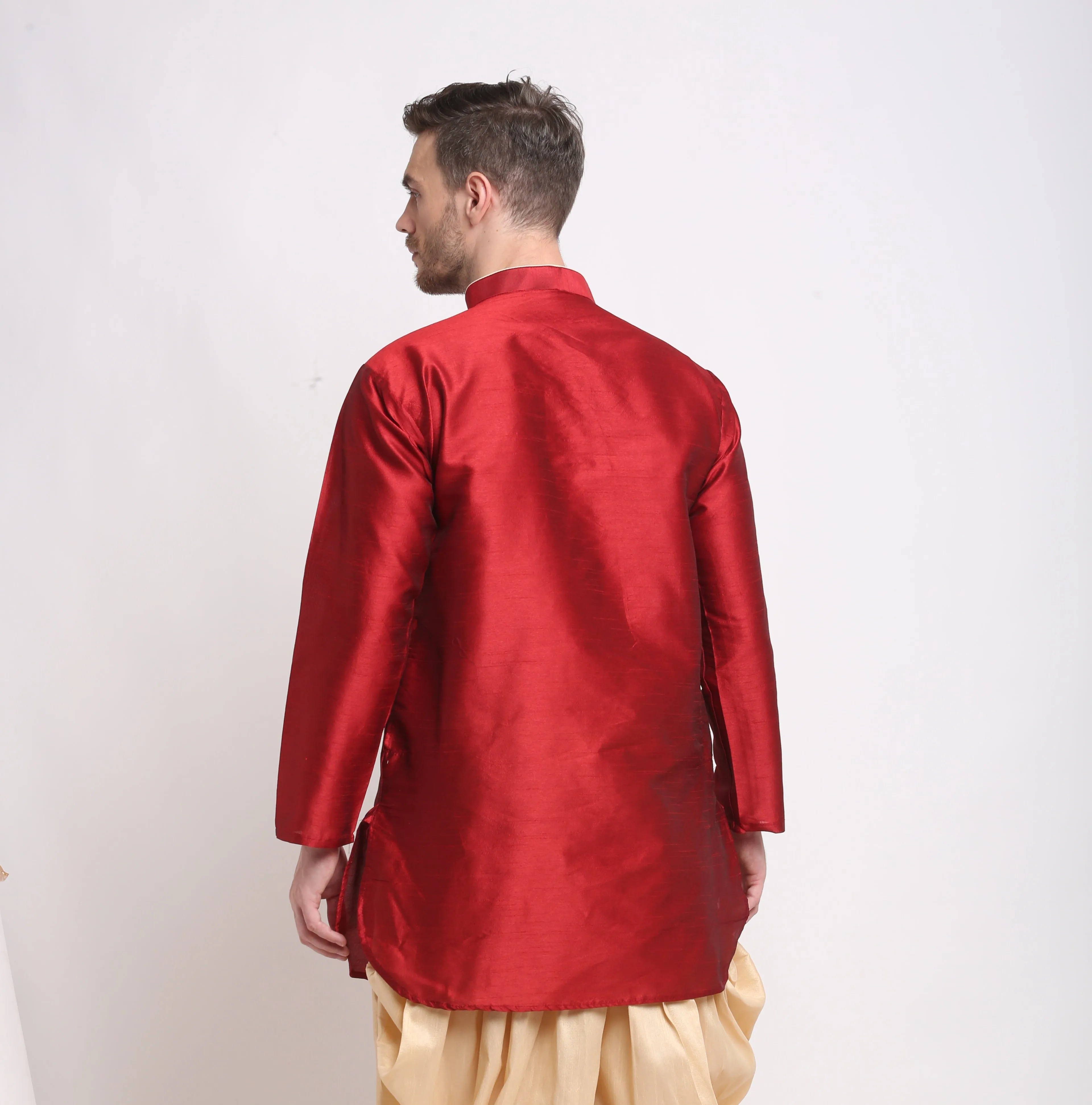 Men's Silk Blend Maroon Short Kurta - Benstoke