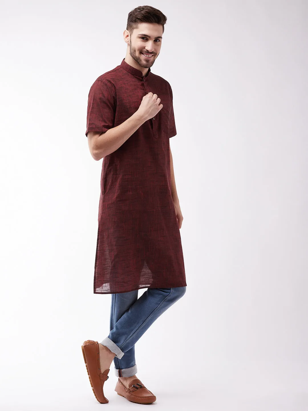 Men's Solid Maroon Pure Cotton Kurta - Vastramay