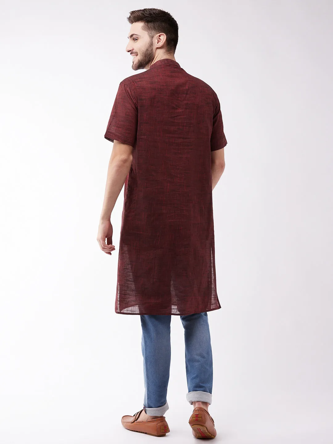 Men's Solid Maroon Pure Cotton Kurta - Vastramay