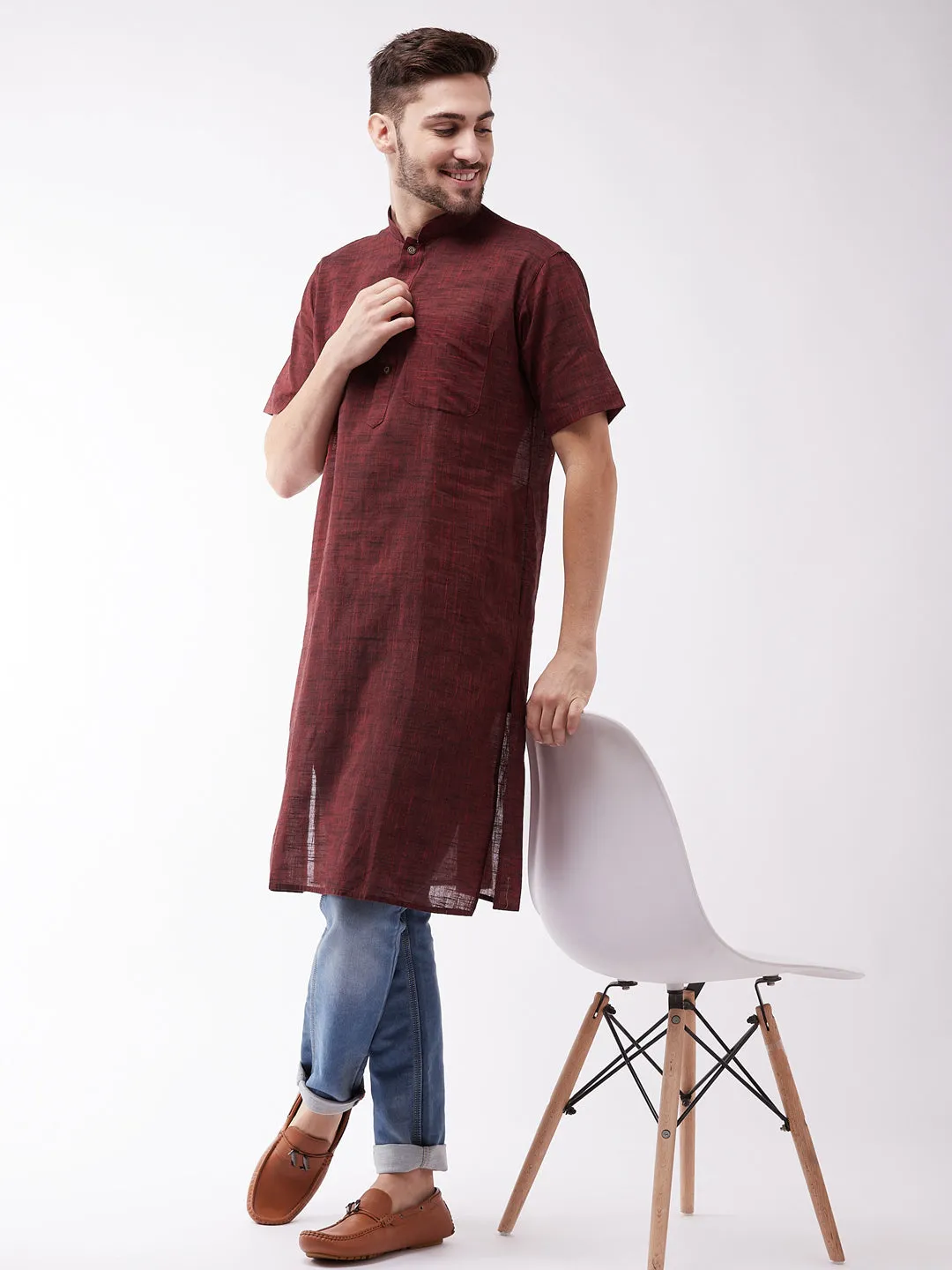 Men's Solid Maroon Pure Cotton Kurta - Vastramay