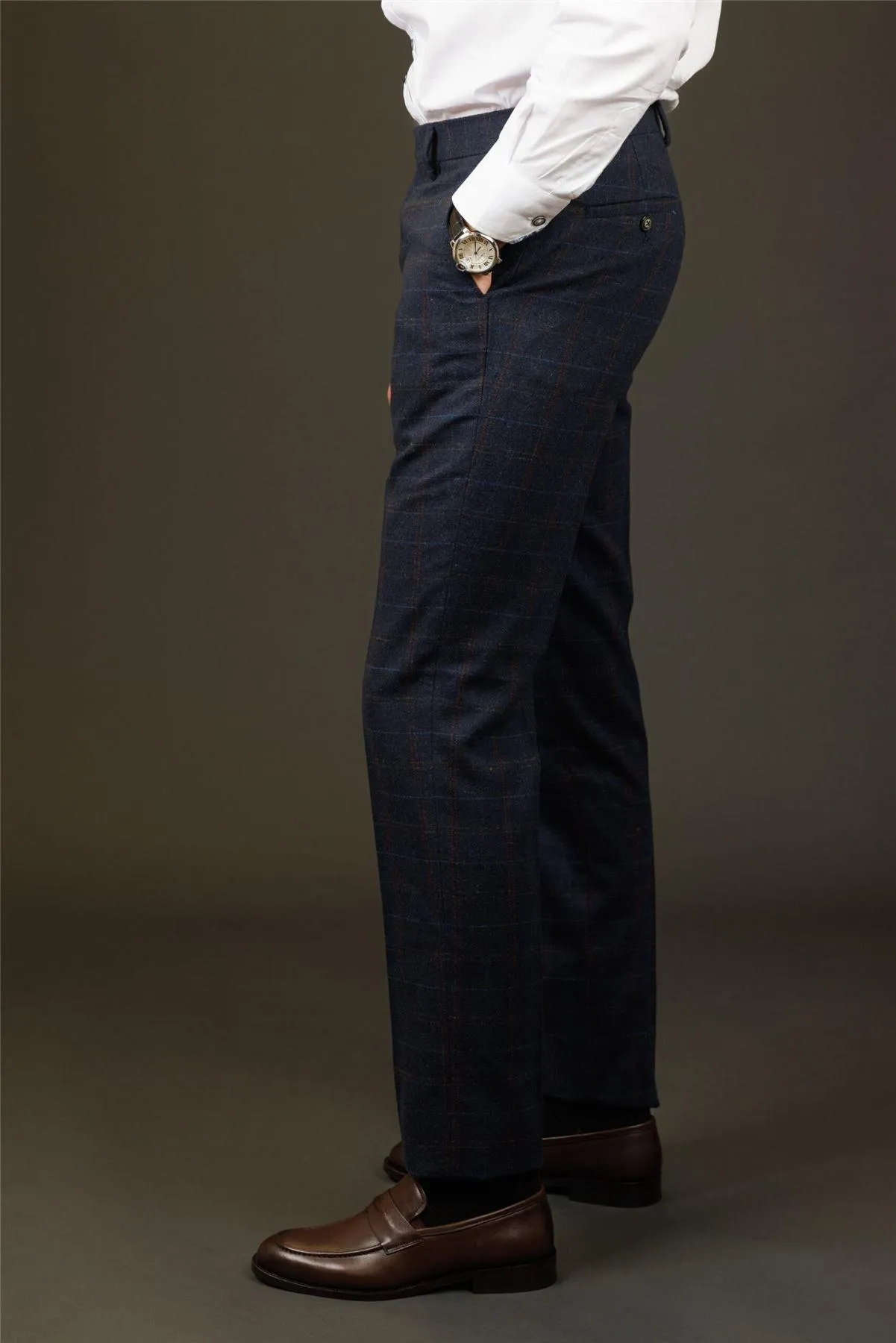 Men's Trousers Wool Blend Navy Blue Herringbone Check Tweed Formal Pants