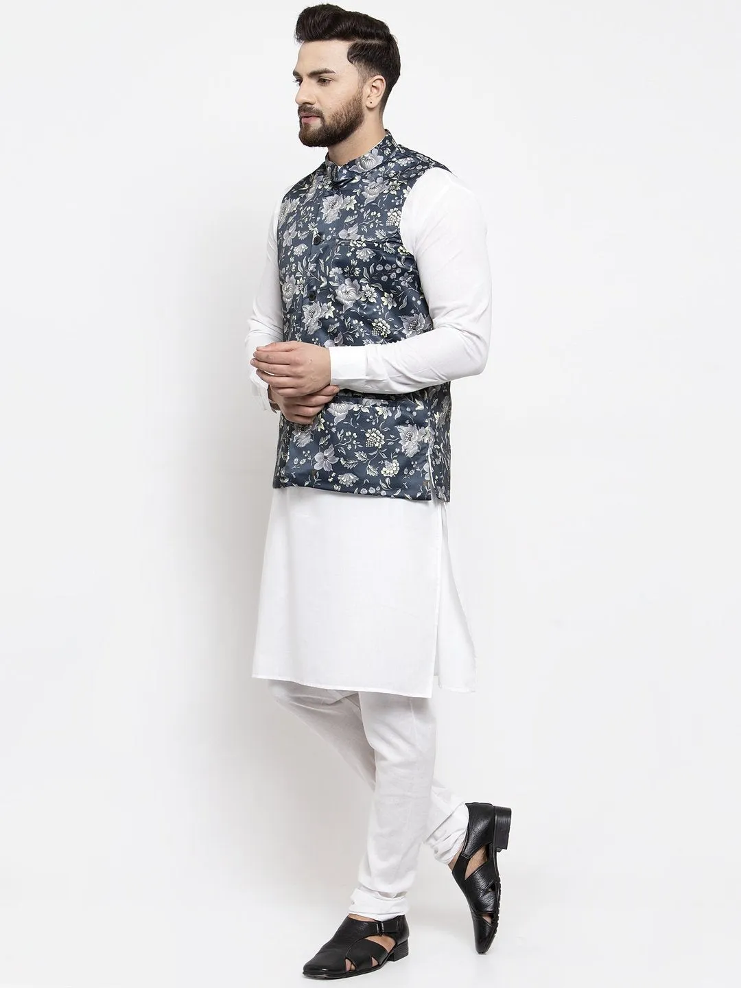 Men's White Solid Kurta with Churidar & Navy Blue Printed Nehru Jacket - Virat Fashions