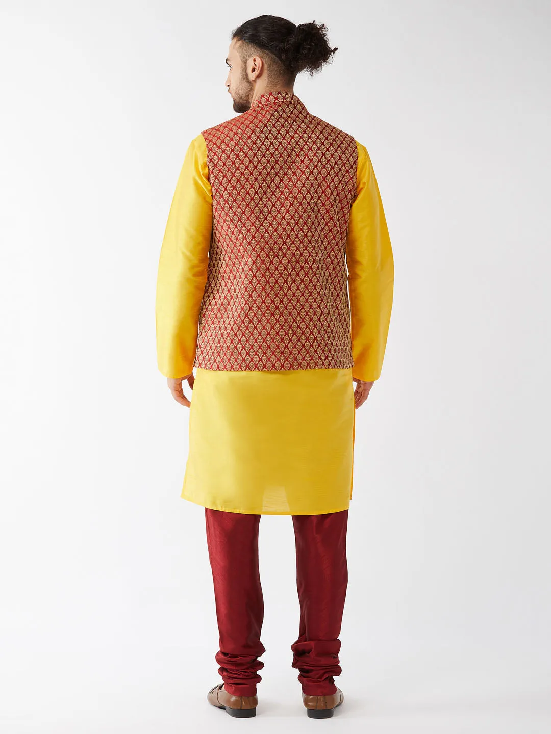 Men's Yellow And Maroon Silk Blend Jacket, Kurta And Pyjama Set - Vastramay