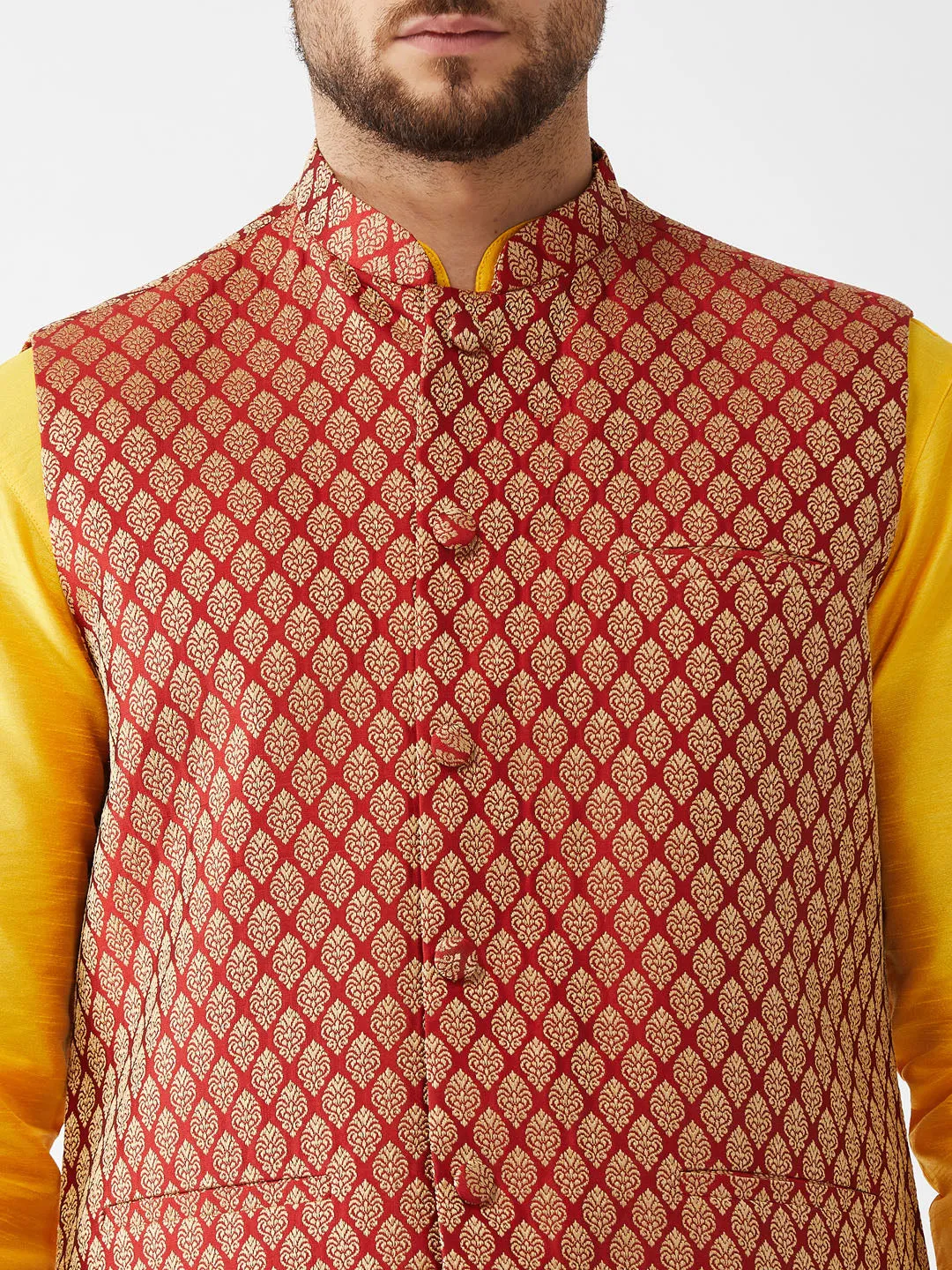 Men's Yellow And Maroon Silk Blend Jacket, Kurta And Pyjama Set - Vastramay