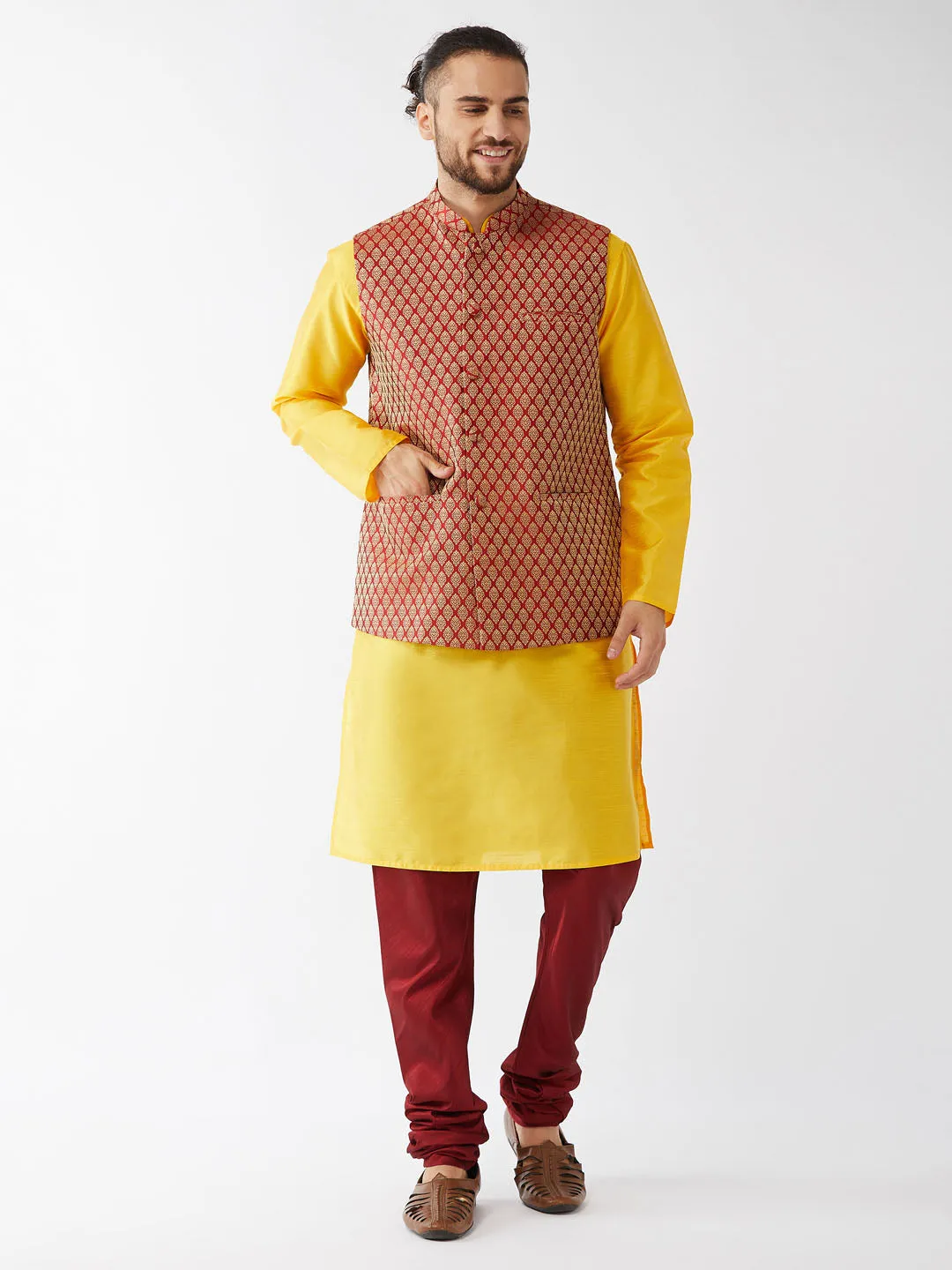 Men's Yellow And Maroon Silk Blend Jacket, Kurta And Pyjama Set - Vastramay