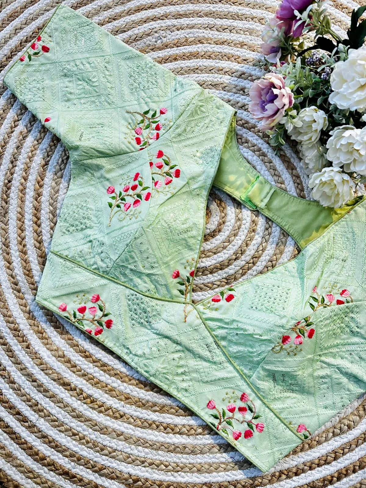 Mint Green Blooming Silk Blouse with Sequins and Tone-on-Tone Thread Work