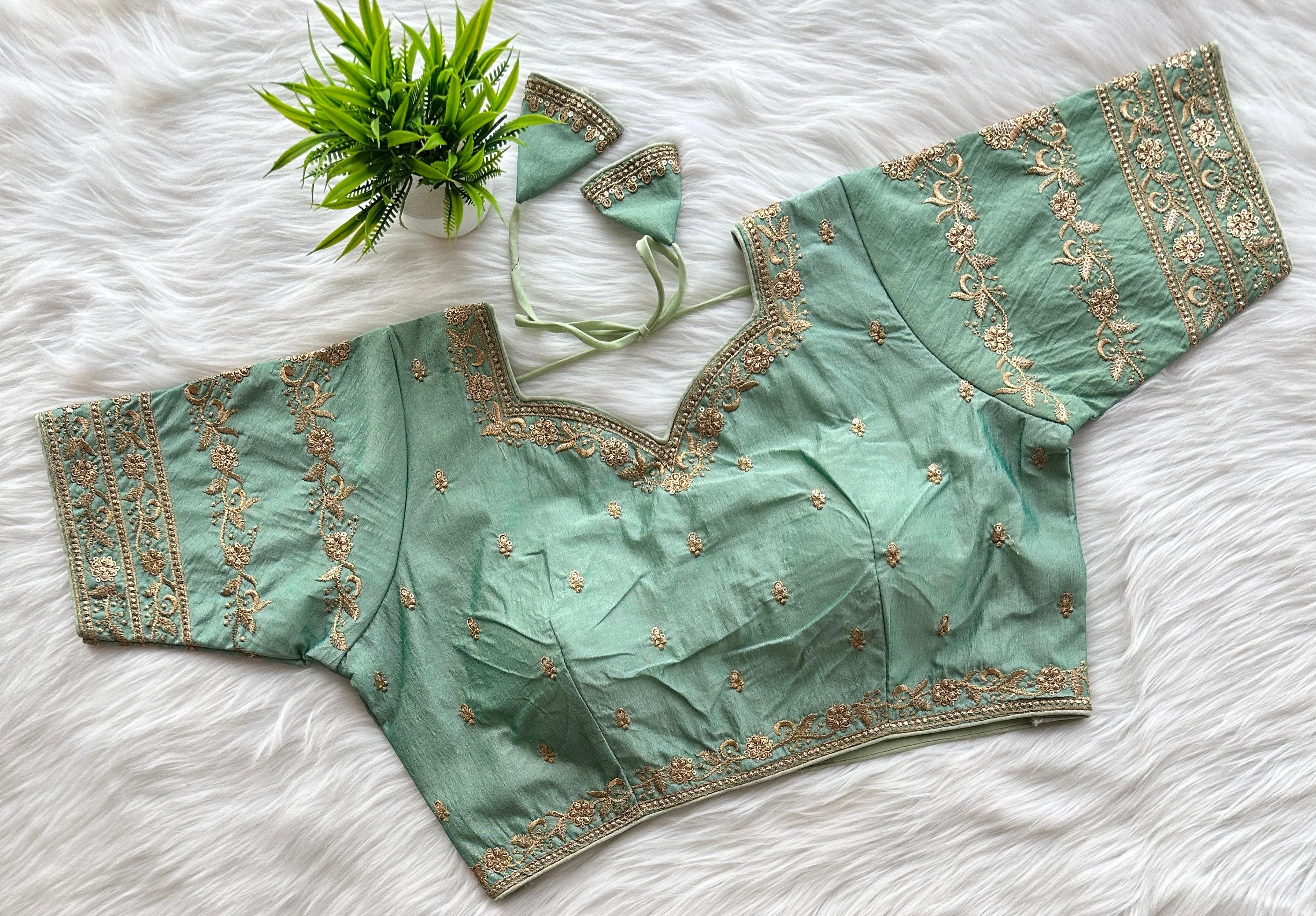 Mint Green Rajbhog Silk Embroidered Blouse with Handcrafted Detailing