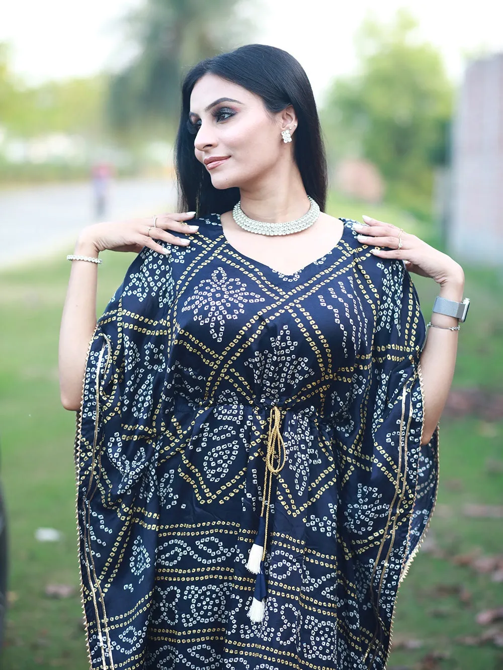 Navy Blue Color Bandhani Printed Pure Gaji Silk Kaftan