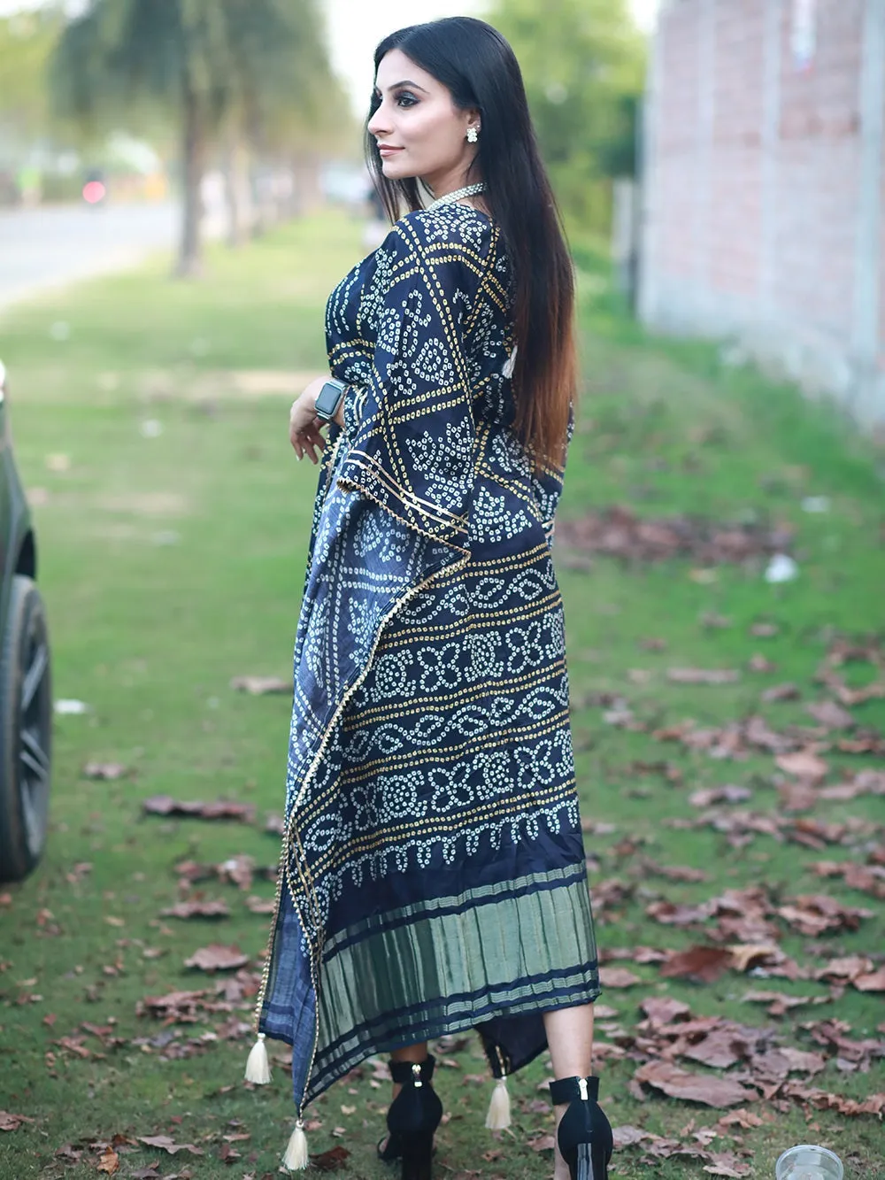 Navy Blue Color Bandhani Printed Pure Gaji Silk Kaftan