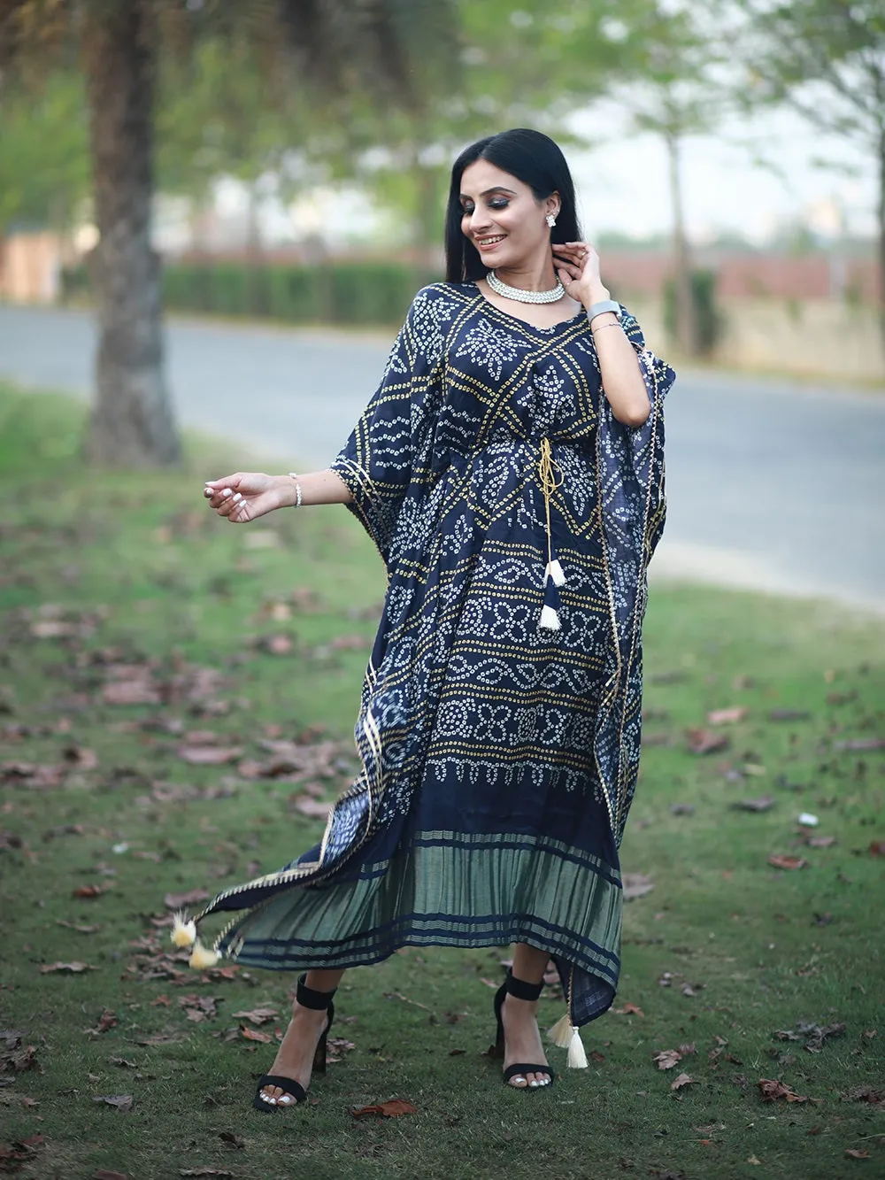 Navy Blue Color Bandhani Printed Pure Gaji Silk Kaftan