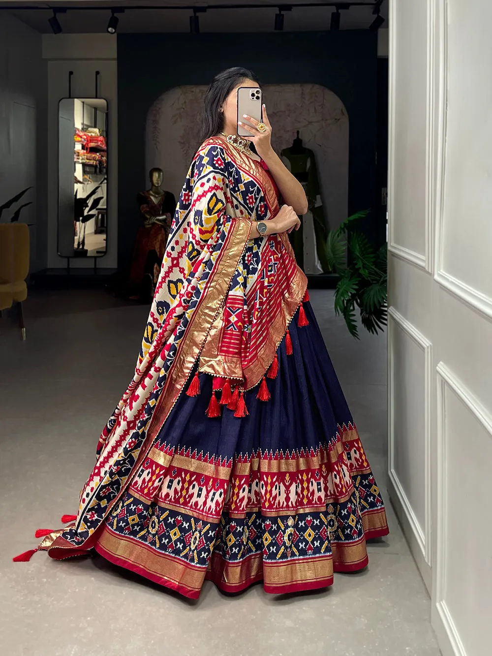 Navy Blue Color Ikkat Patola Print With Foil Work Tussar Silk Lehenga Choli