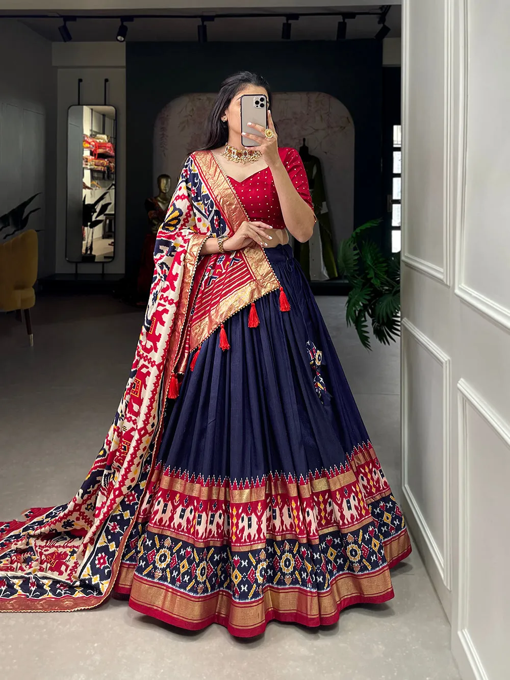 Navy Blue Color Ikkat Patola Print With Foil Work Tussar Silk Lehenga Choli