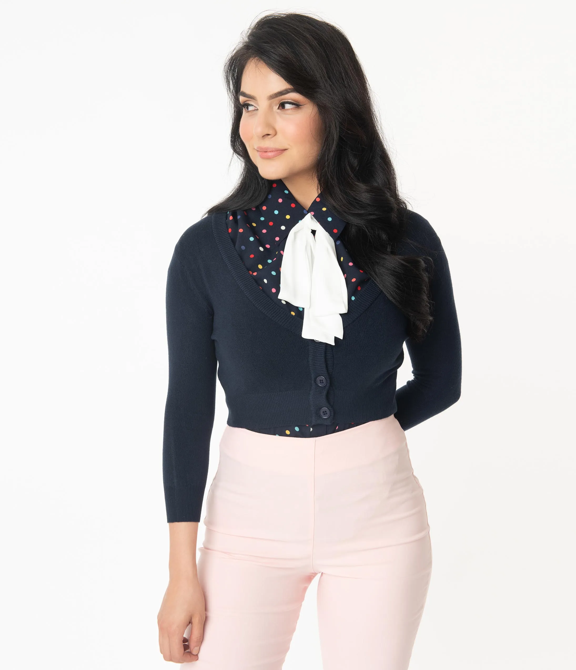 Navy Blue Three-Quarter Sleeve Button Up Crop Cardigan